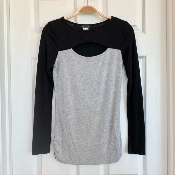 NWOT VENUS Black Grey Colorblock Keyhole Cut-Out Long-Sleeve Top - Picture 1 of 7